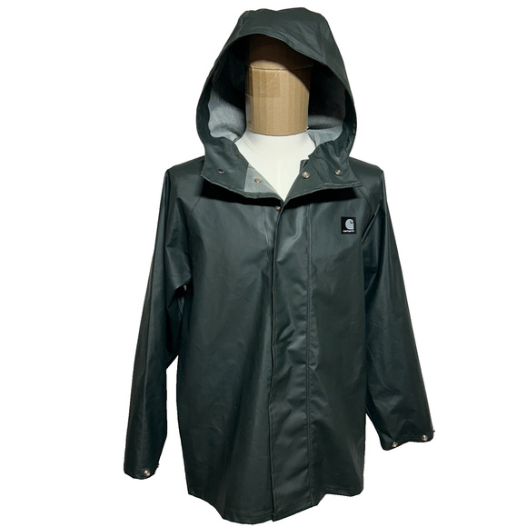 Carhartt PVC Jacket Mens Small Green Hooded Waterproof Rain Coat Workwear - Picture 1 of 11